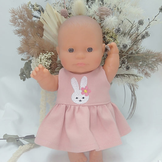 21 cm Doll Dress - Bunny Embroidery on Dusty Pink